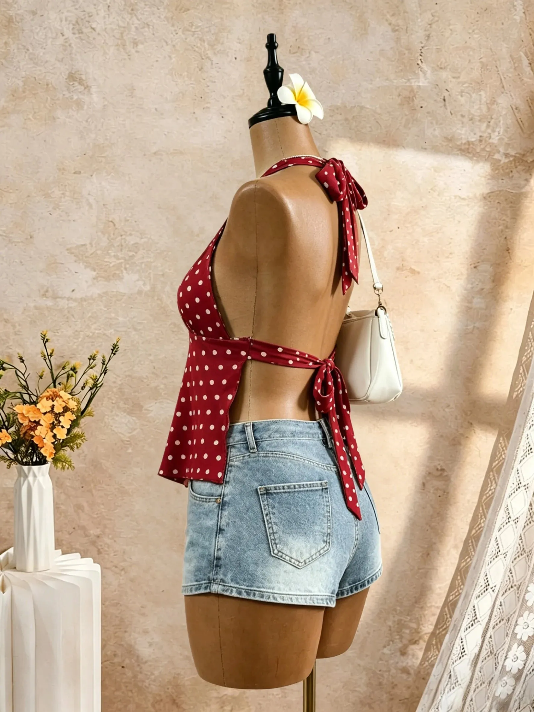 Women Halter Deep V Neck Polka Dot Back Tie Bow Peplum Cami Top 2026 Summer Y2K Red Retro Satin Open Back Flared Sleeveless Swin — image 4