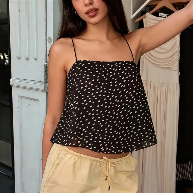 Women Polka Dot Chiffon Cami Top Spaghetti Strap Crisscross Tie Backless Asymmetric Hanky Hem Cropped Camisole Summer Tank Top — image 5