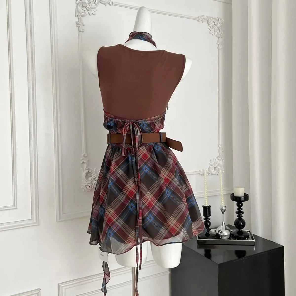 Elegant French Style Mini Dress Neck Hanging Unusual Plaid Women's Slimming Waist Dress Summer New Arrival Polka Dot Skirt — image 3