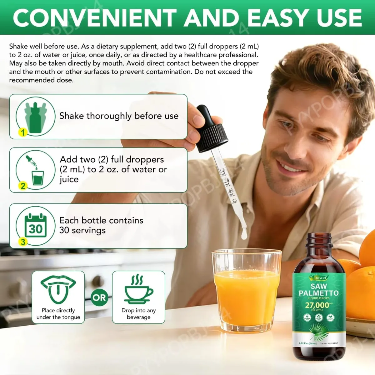 Itawel Saw Palmetto Liquid Drops Prostate Health Support Urinary Function Support GMO Free Paraben Free Sugar Free Vegan 60 ML — image 6