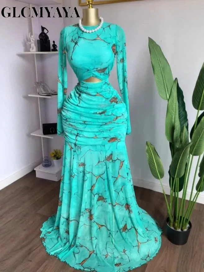 2025 Fall Women O-neck Long Sleeve Print Mermaid Maxi Dress 2025 Evening Birthday Beach Sexy Night Party Long Dresses — image 3