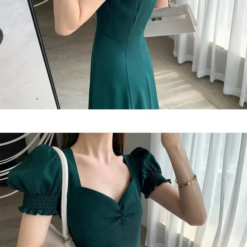 Solido Puff a maniche corte Elegante vestito con lo spacco Nuove donne di moda Scollo a V Abiti completi Donna Vita alta Slim Abiti da sera — image 6
