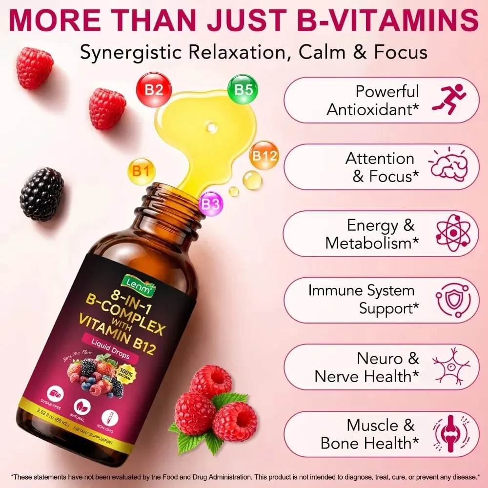 Lenm B Complex Liquid Drops 8-in-1 with B12 2000mcg B1 B2 B3 B5 B6 B7 Folate for Energy & Metabolism Support Sugar-Free 60ML — image 3