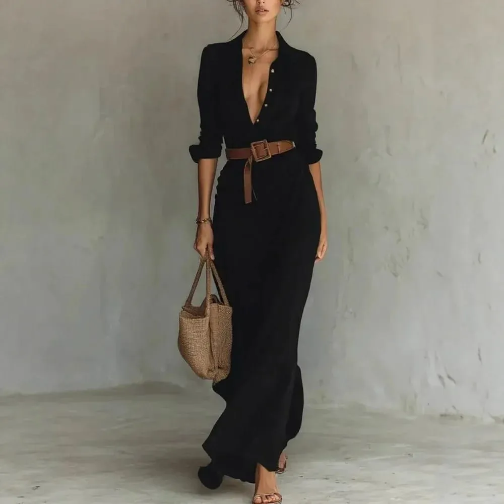 2025 New Autumn Woman Sexy Deep V Neck Hollow Long Dress Elegant Solid Belted Irregular Party Long Sleeve Slim Casual Dresses — image 5