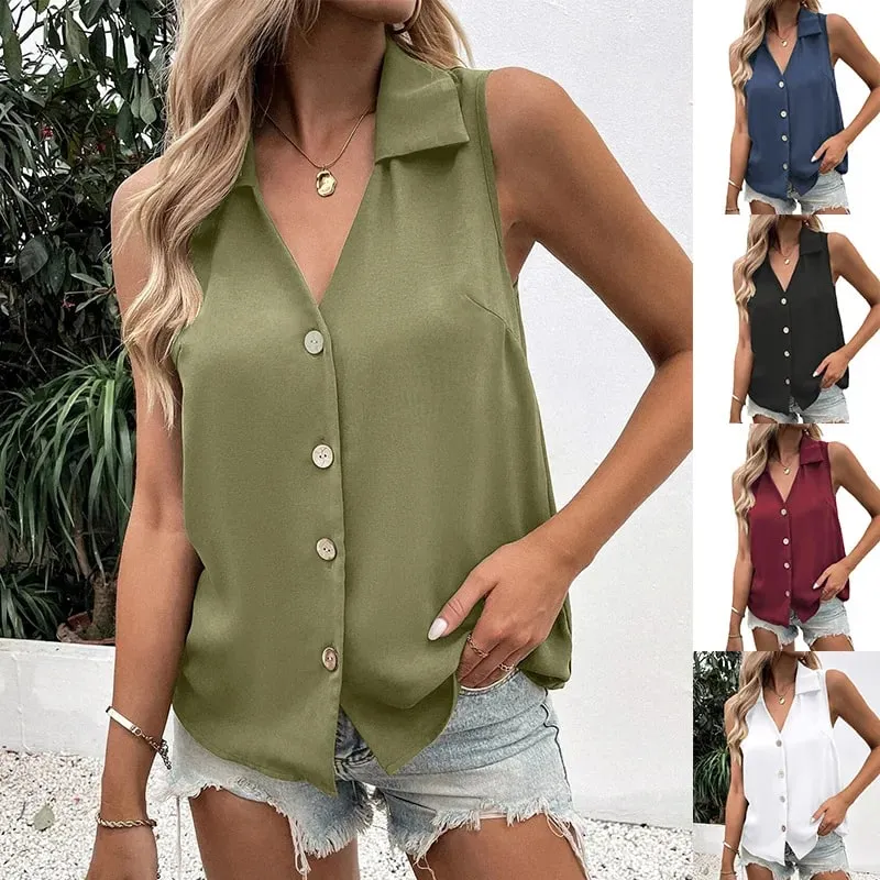 Women's V-Neck Button Chiffon Blouse Summer Lightweight Loose Casual Sleeveless Top Office Lady Solid Color Basic Vest