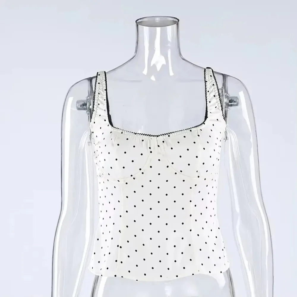 Street Chic Spaghetti Strap Polka Dot Tank Top Square Neck Slim Cropped Sleeveless Silk Vest Off-shoulder Lace Camis Female