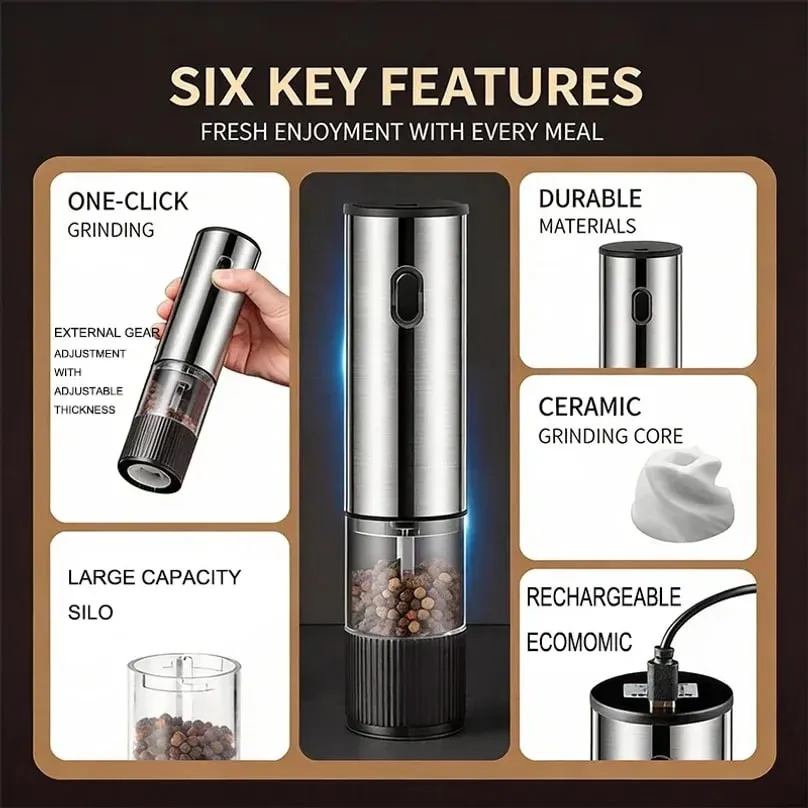 Electric Salt and Pepper Grinder Automatic Rechargeable Pepper Mill Shakers External Adjustable Coarseness Kitchen Appliances