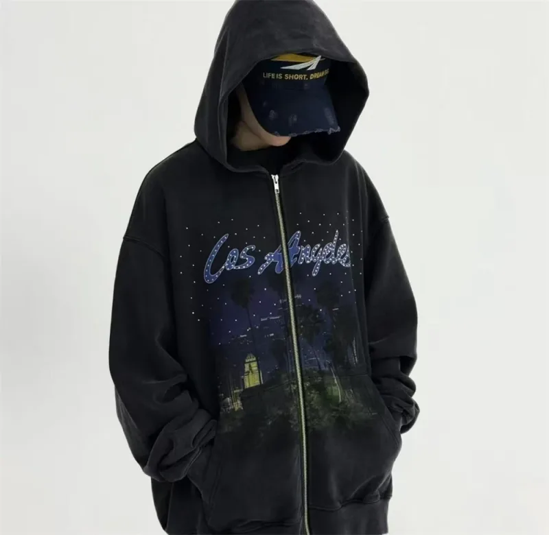 False Rhinestone Starry Sky Pattern Print Washed Zipper Loose Hoodie Street Casual Cotton Versatile Sports Trendy Sweatshirt — image 4