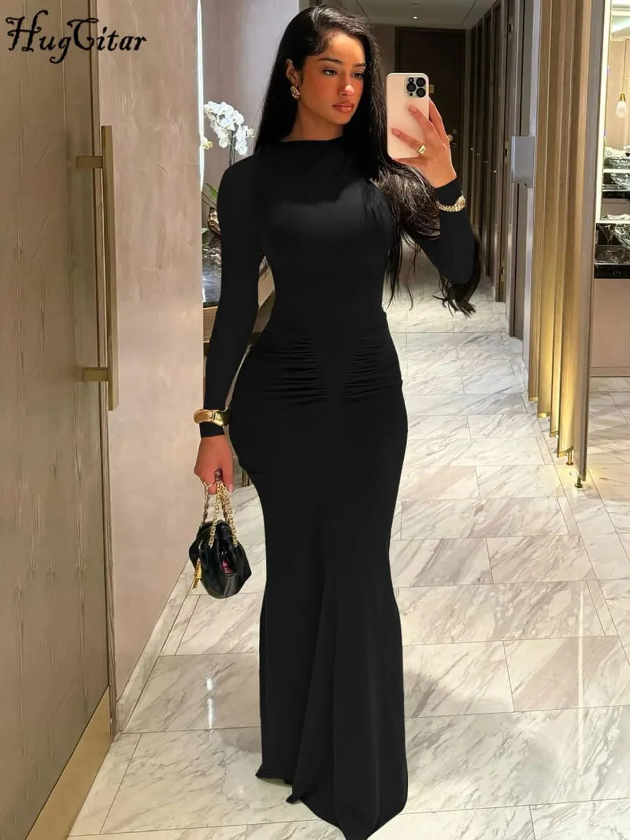 Hugcitar Musim Gugur Padat Lengan Panjang Terbungkus Bodycon Seksi Maxi Pakaian Prom Fesyen Wanita Y2K Pakaian Kelab Pesta Petang