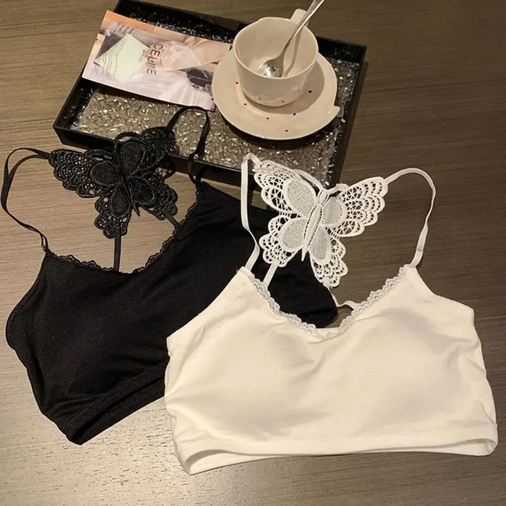 Flattering Slim Crop Top Women Lace Butterfly Back Cami Top Padded Built Bra Spaghetti Strap Sleeveless Tank Inner Underwear — image 4
