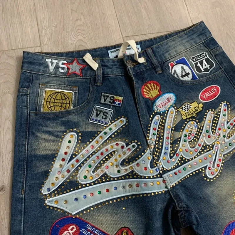 New Y2K Colorful Rhinestone VALLEY Embroidery Patch Label Denim Shorts Jorts Men Women High Quality Loose Straight Short Jeans — image 2