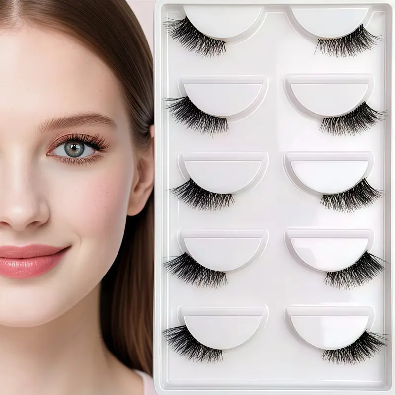Fox Eye & Cat Half False Eyelashes 5 Pairs Natural C/D Curl Transparent Band Lashes Soft Beginner-Friendly Lash Pack for Stunn