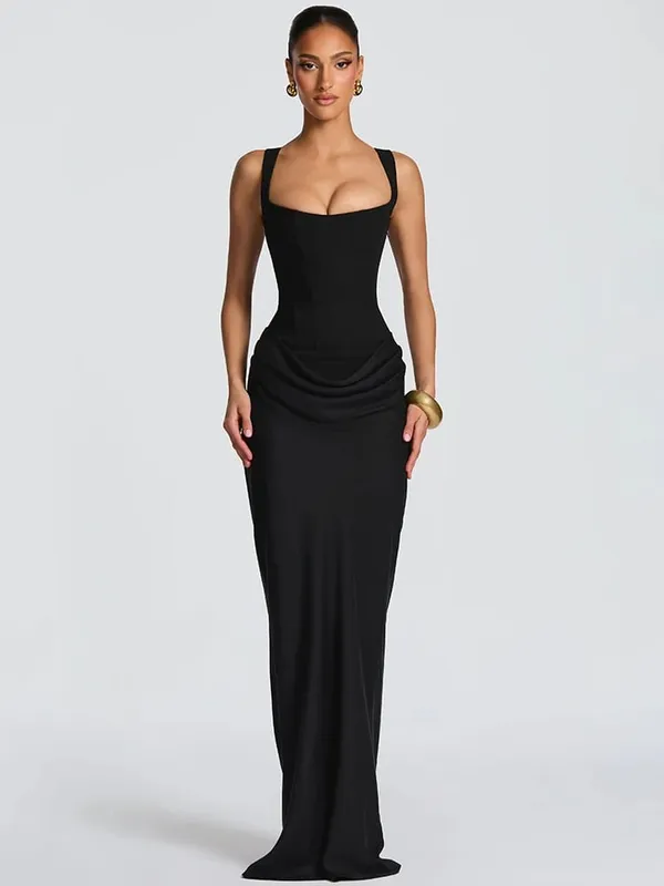 Mozision Elegant Backless Sexy Maxi Dress Women Gown Fashion Square Collar Sleeveless Skinny Ruched Club Party Long Dresses — image 5