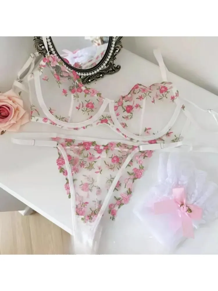 French Elegant Lingerie Set-Floral Embroidery Semi-Transparent Bra & Brief Black Sensual Women's Underwear Luxury Intimates — image 4