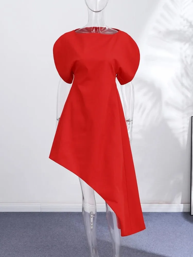 Asymmetric Hem Puff Sleeve Midi Dress Solid Boat Neck Slim Fit 2026 Summer Chic Elegant Party Women Evening Office Evening Gown — image 6