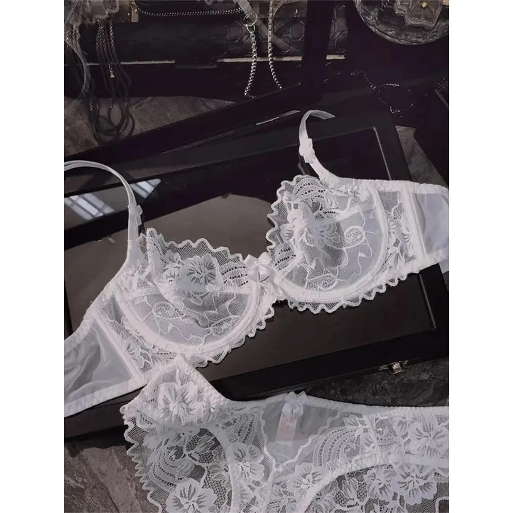 Minimal French Thin Perspective Lace Lingerie Set Underwire Beauty Back Large Bust Minimizer Side Shaping Anti Sagging Bra Set — image 2