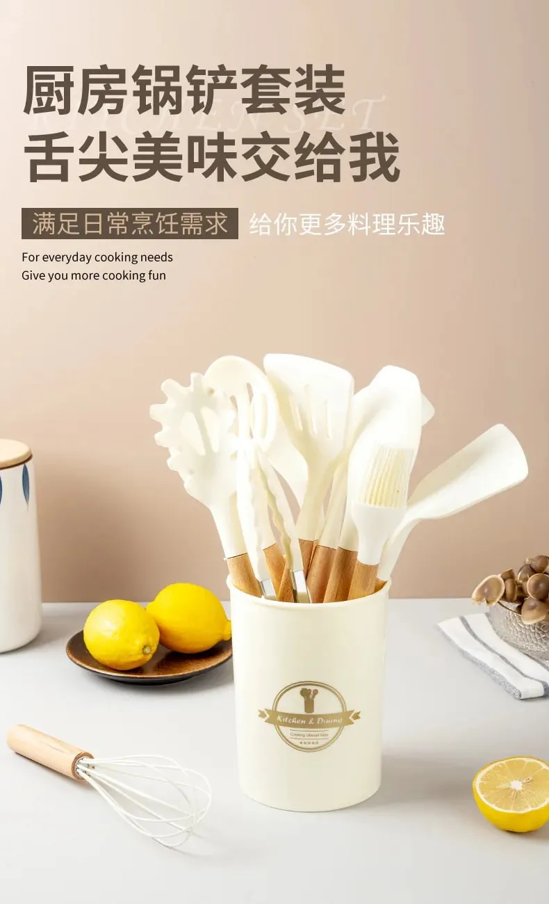 2/12Pcs White Silicone Kitchen Utensils Set with Wooden Handle Cookware Spatula Heat Resistant Non-stick Kitchen Cooking Tools — image 7