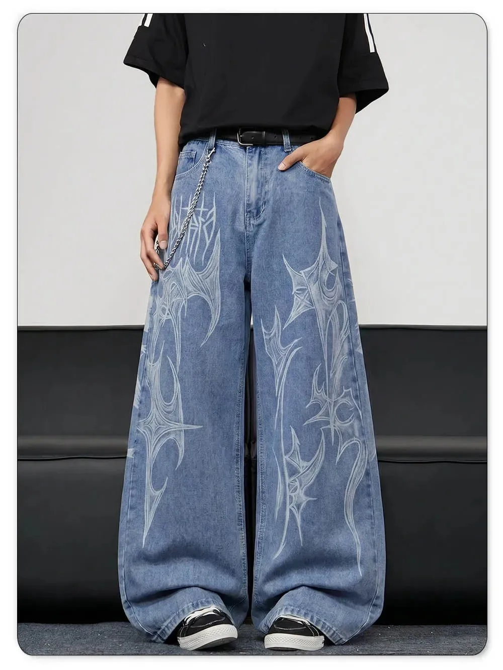 Men's Casual Spiral Graffiti Print Hip Hop Oversized Baggy Wide Leg Jeans Trendy Casual Slop Lazy Street Daily Denim Pants — image 5