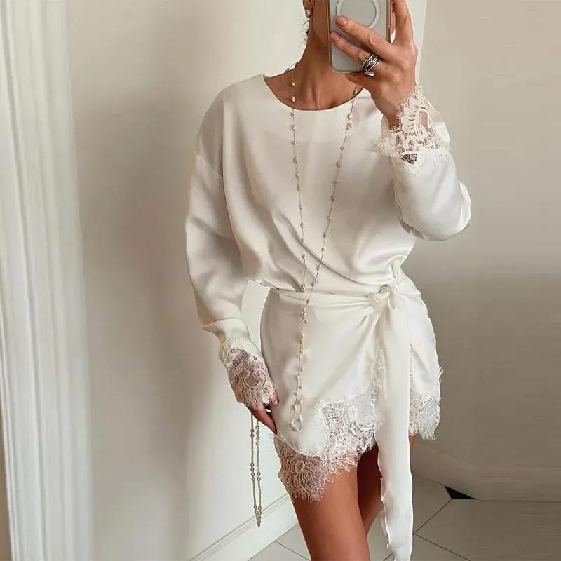 Elegant Women's Dress O-neck Full Sleeve Loose Solid Lace Hem Female Short Dresses 2026 Spring Summer New Sexy Fashion Lady Robe — image 9