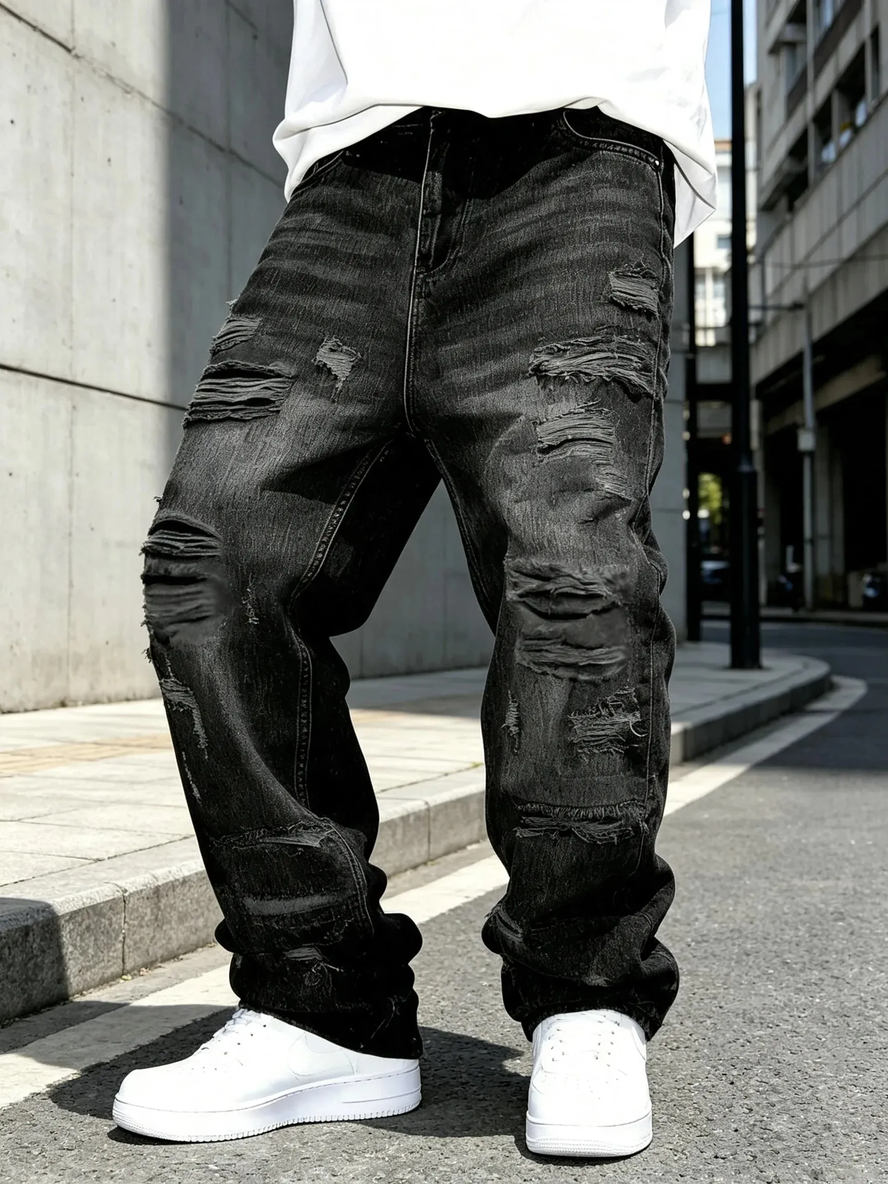 Men Black Ripped Baggy Jeans Y2K Streetwear Denim Pants Vintage Punk Distressed Loose Trousers Drip Swag Alternative Clothes Man — image 4
