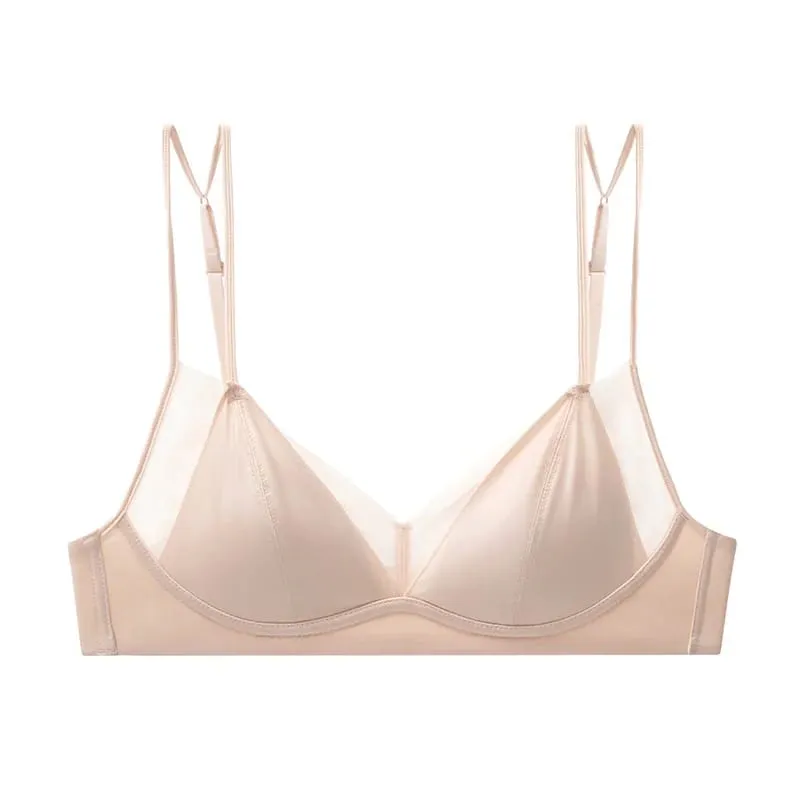 Modish Leopard Intimate Set Non-wire Thin Triangle Bra Breathable Summer Nude Fabric Small Chest Firm Gathering Womens Indoor — image 10