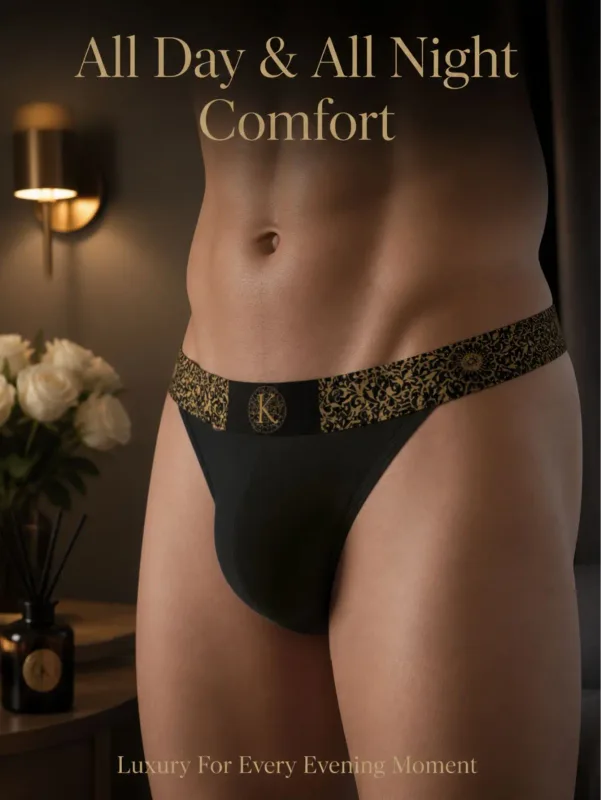 กางเกงชั้นในบิกินี่ขาสูงสำหรับผู้ชาย Vintage Festive Ornate Black‑Gold เอวยางยืดยืดเหงื่อระเหยชุดชั้นใน Date Anniversary — image 7
