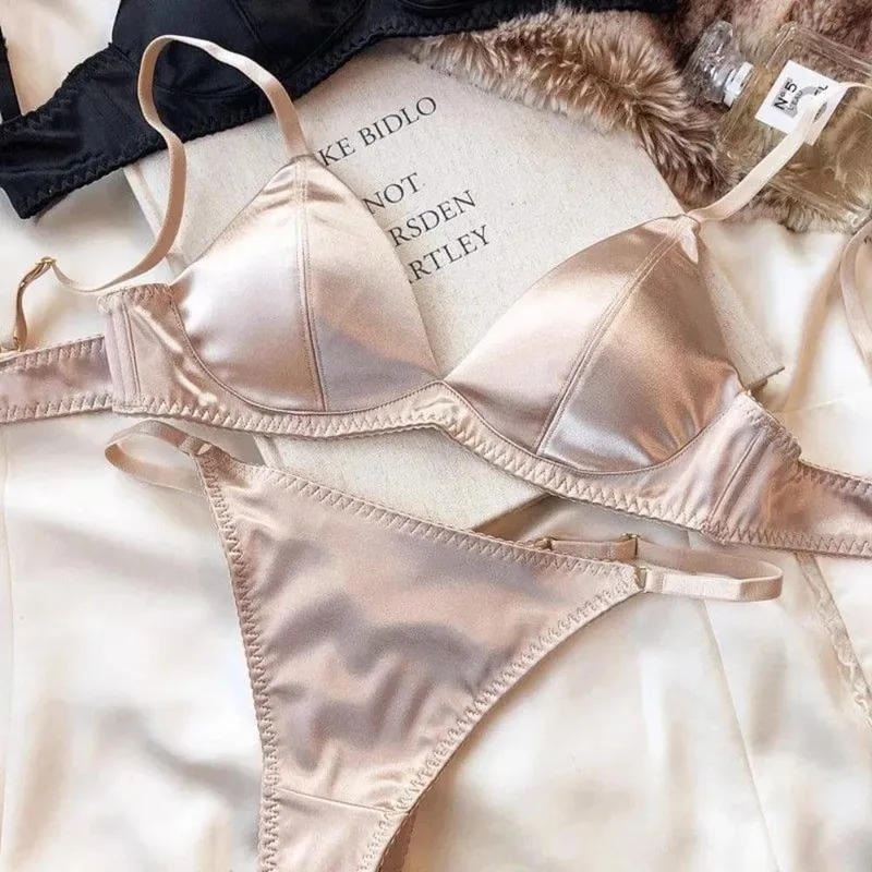 French Style Women Satin Triangle Cup Bra Set Thin Wireless Seamless Sexy Lingerie Light Support Comfort Brassiere Underwear — image 5