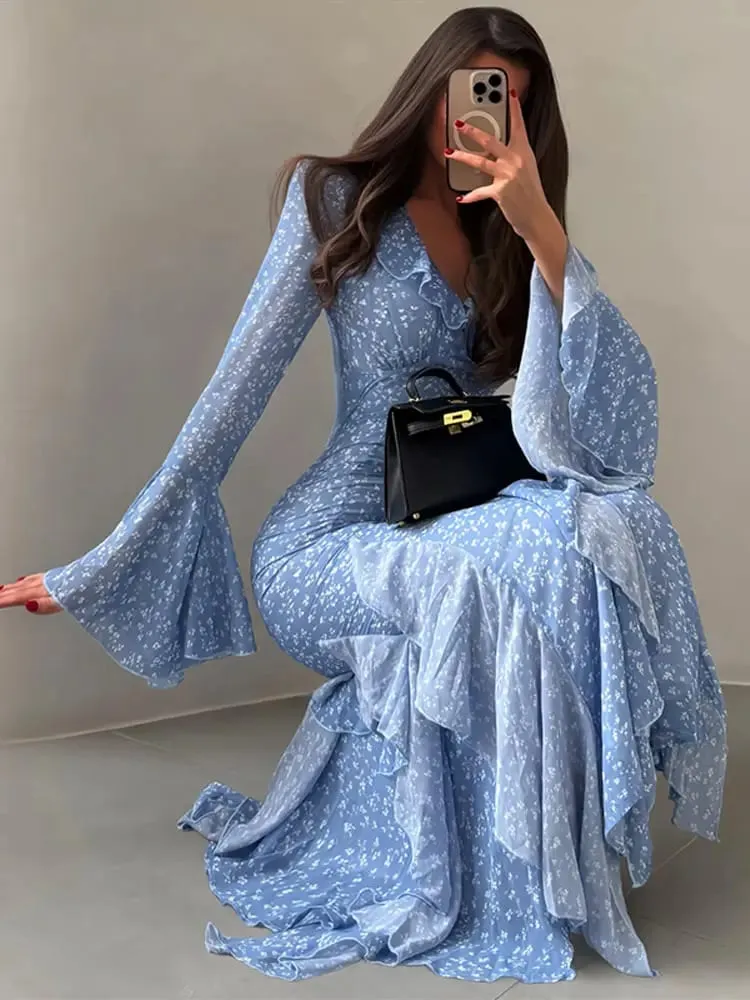 Women Printed V Neck Long Dress Flared Sleeve Lotus Leaf Edge High Waist Slim Fit Maxi Dresses Lady Elegant Evening Party Dress — image 2