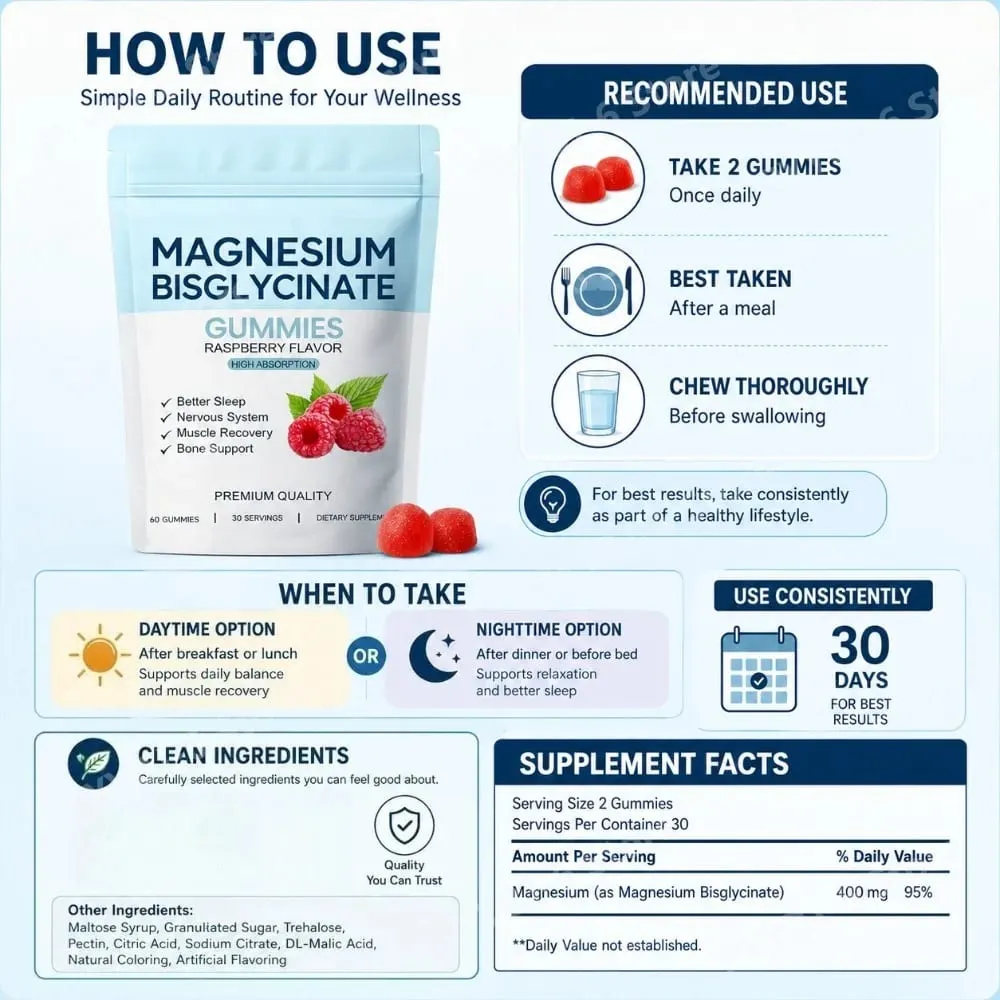 Magnesium Bisglycinate Gummies Support Daily Sleep Quality Help Maintain Nervous System Health Assist Muscle Recovery 60 Gummies — image 5
