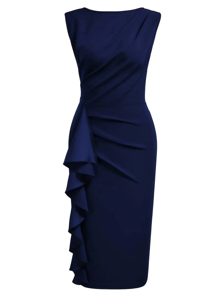 Women Elegant Round Neck Sleeveless Vintage Slim Work Office Cocktail Party Business Ruffle Casual Sheath Bodycon Pencil Dress — image 4