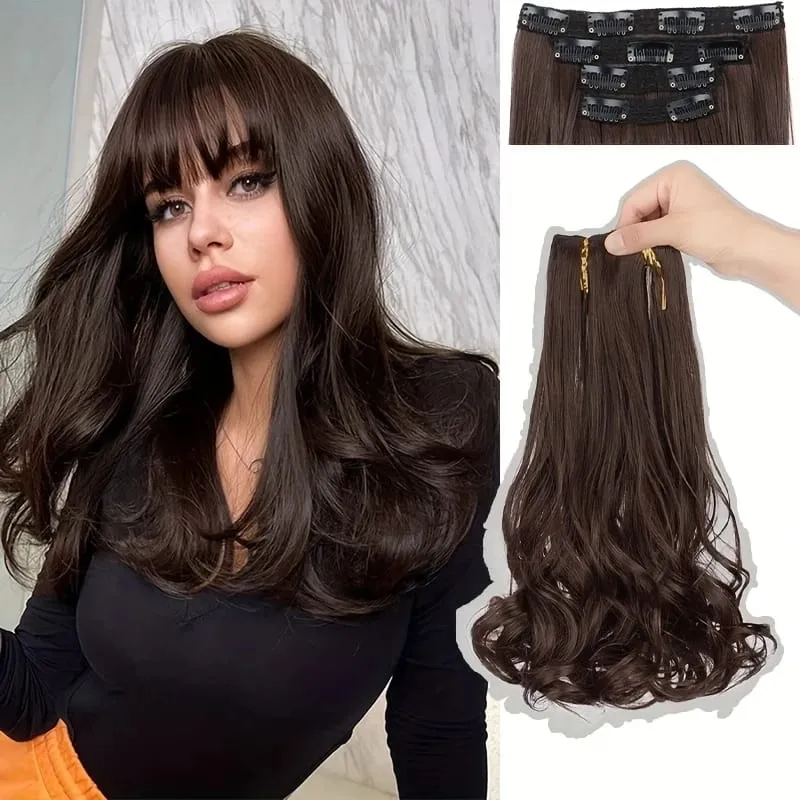 Synthetic 14Inch 4pcs/set Short Beach Wavy Curly Clip In Hair Extensions Heat Resistant Hairpiece For Women Daily Use