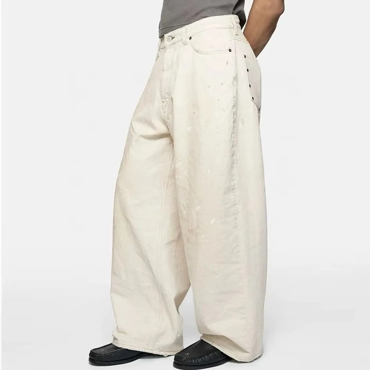 High Street Dirty Mud Splatter Baggy Jeans for Men Solid Color Loose Straight Rivet Pocket Washed White Denim Trousers Oversize — image 6