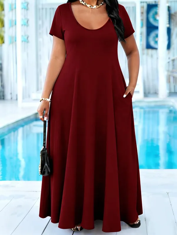 Plus Size Women's Solid Black Maxi Dress Summer Casual Short Sleeve Crew Neck A Line Flowy Long Dress With Pocket Beach dresses — image 7