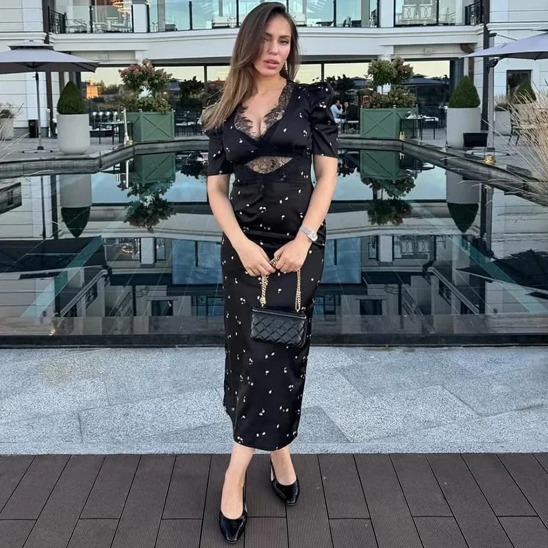 Sexy Hollow Lace Dress Women's Fashion Short Sleeve Elegant High Waist Slim Print Dress Summer Party Club Clothes Female 2026 — image 4