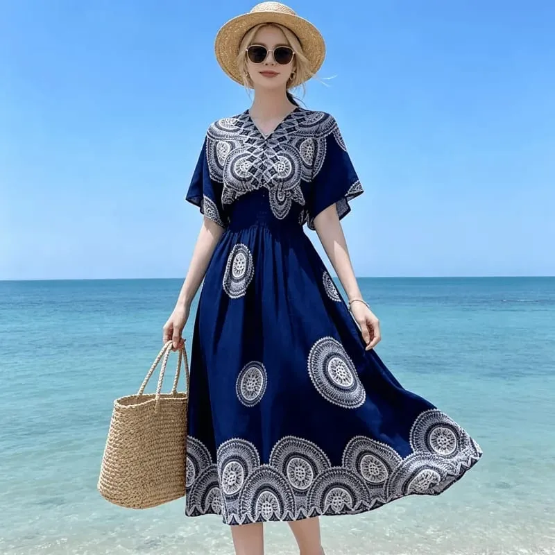 Boho Holiday Women V-Neck Batswing Short Sleeve A-Line Midi Dresses Slim Elastic Waist Casual Vintage Office Lady Elegance Dress