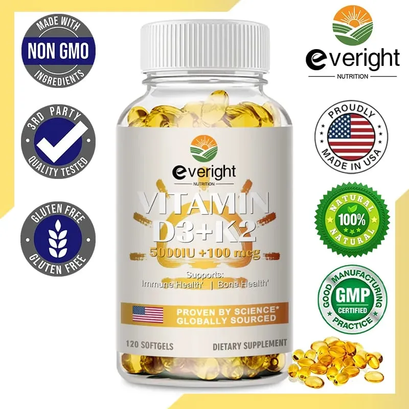 Vitamins D3 + K2 Organic Supplements High Bioavailability - Supports Bone Density Calcium Balance Immunity & Mood Health