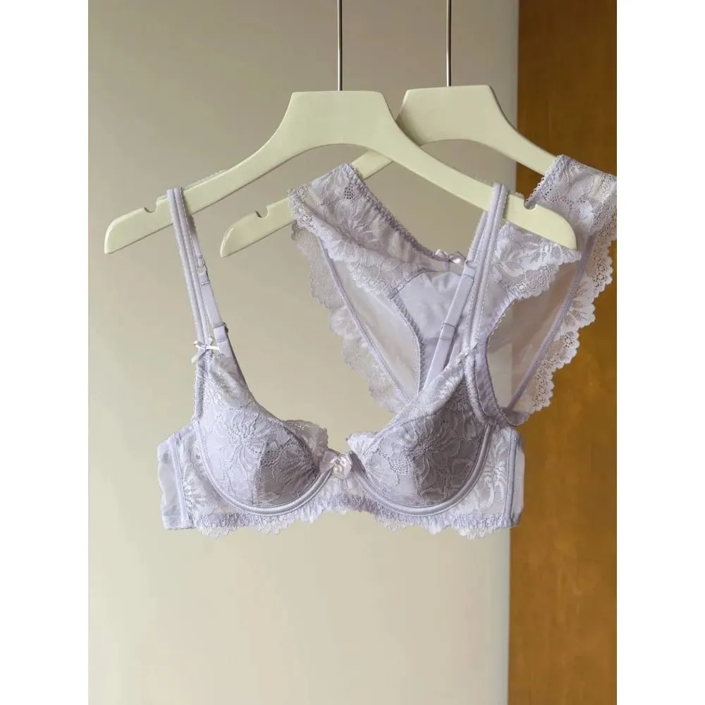 Purple French Lace Bra Embroidery Soft Underwire Minimizer Big Bust Lift Anti Sag Gathering Support Daily Lingerie 32-38 Bra Set — image 4
