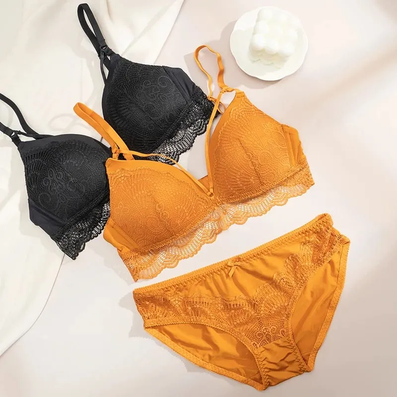Women Wireless Lace Bra Briefs Set Adjustable Thin Straps Soft Breathable Daily Lingerie Suit 3 Colors Available — image 3