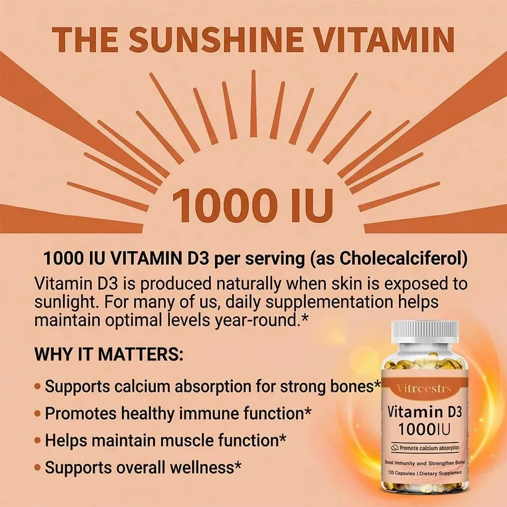 Vitamin D3 1000iu for Immune Support Healthy Muscle Function and Bone Health - Non-GMO Gluten Free 120 Vegetable Capsules