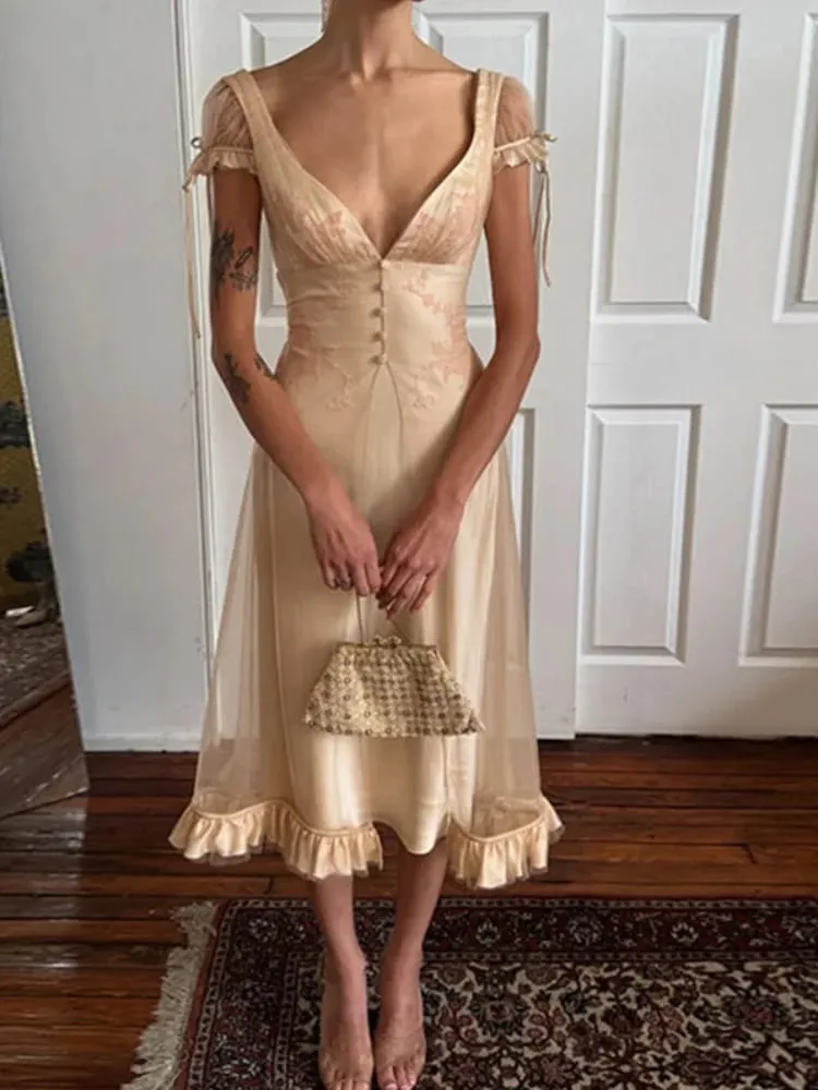 Vintage Chic Women Dress Deep V Neck Mesh Spliced Satin Tie Strap Back Bow Ruffle Hem Midi Dresses 2026 Summer Party Guest Gown — image 1