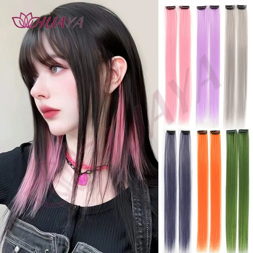 Synthetic 2 Pieces 20inch Colored Clip in Hair Extensions Long Straight Pink/Blue/Purple Halloween/Christmas Wig — image 2