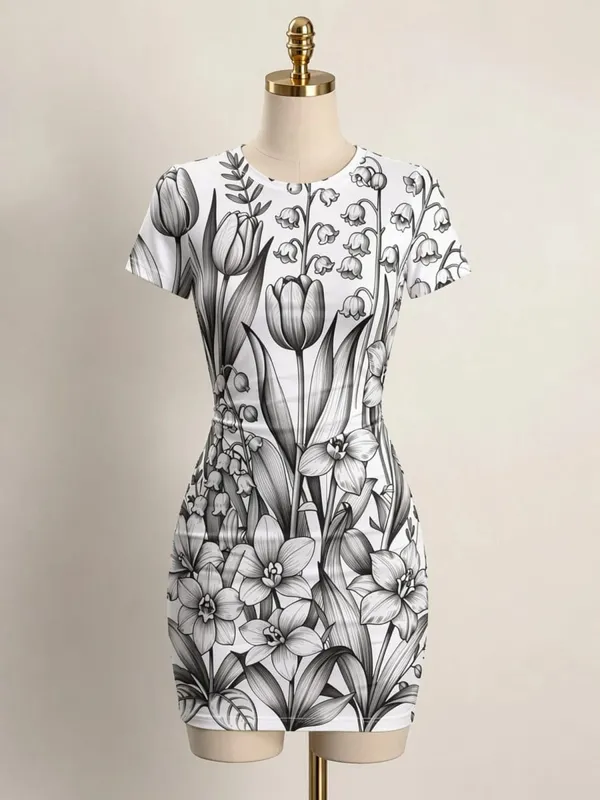 Womens Short Sleeve Bodycon Mini Dress Slim Fit Crew Neck Floral Print Casual Summer Party Cute Trendy Flattering Party Sundress — image 7