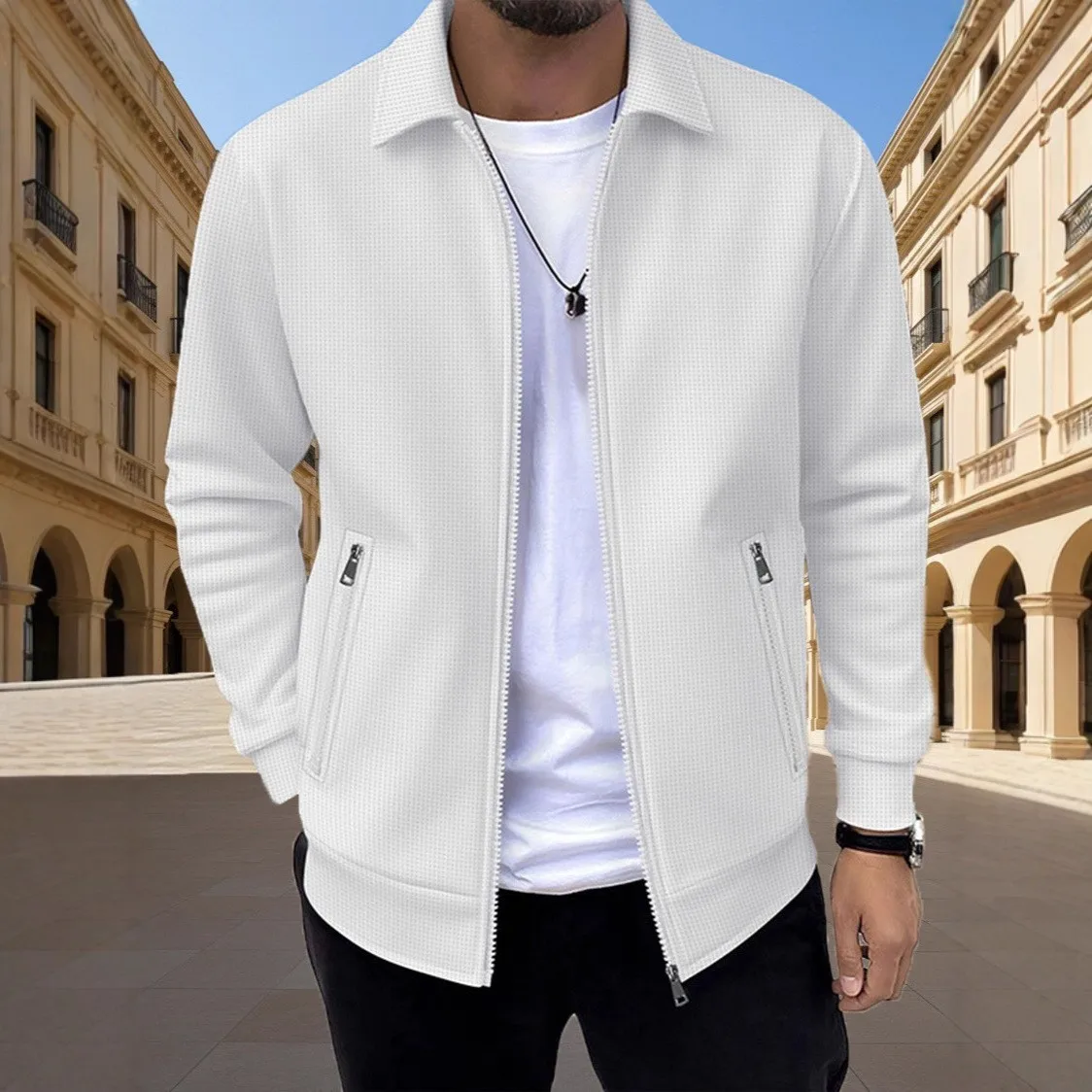 Men's 2026 Fall Long-Sleeve Waffle Knit Turned-Down Collar Jacket, Klein Blue Zipper Cardigan for a Casual Fashion Look — image 1
