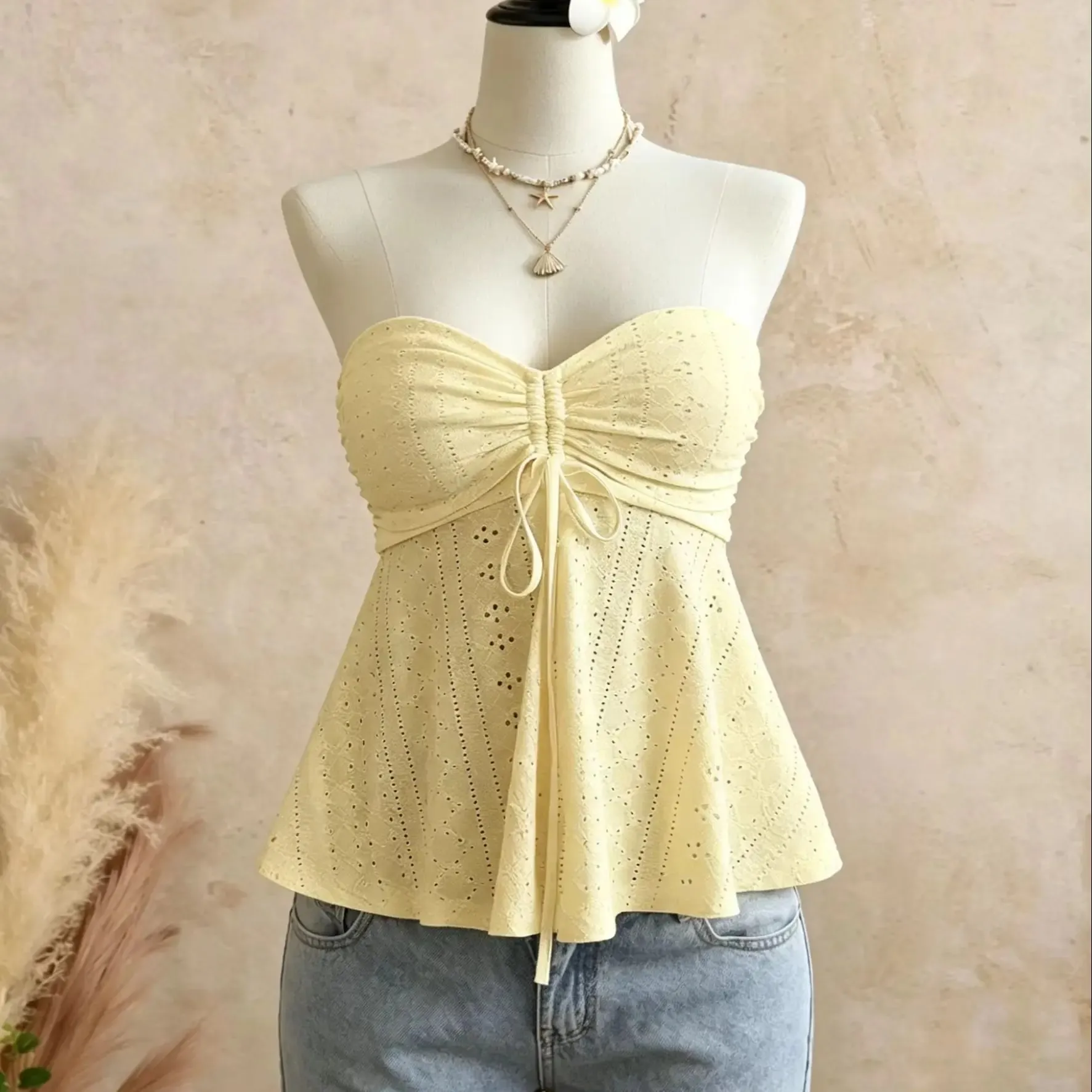 Women Yellow Eyelet Lace Tube Top Casual Ruched Tie Front Peplum Strapless Camisole — image 8