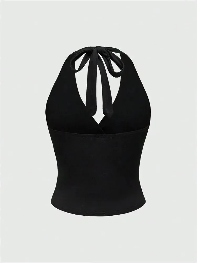 Solid V-neck Backless Halter Crop Top for Women Summer Sexy Y2K Sleeveless Ruched Top Streetwear — image 3
