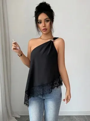 Women's Casual Single-Shoulder Camisole Solid Color Camisole with Lace Splicing and Versatile Style Suitable for Shopping Bea — image 3