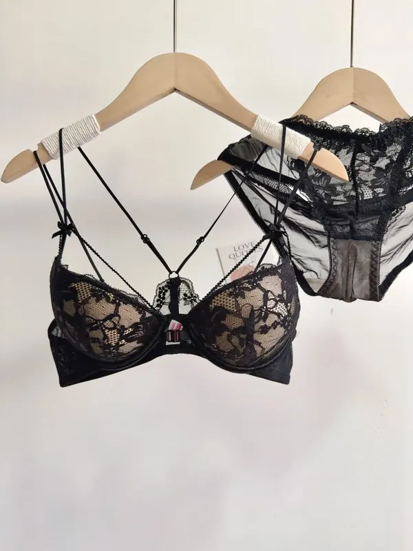 Minimal Romantic Coquette Lace Front Clasp Bra Set Wirefree Ultra Thin Straps Beauty Back Small Bust Create Curvy Lookr MOYISU — image 9
