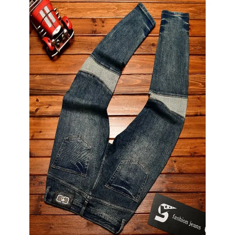 Fashionable high-end jeans for men slim fit small feet washed retro patchwork design trendy and luxurious men's pants — image 2