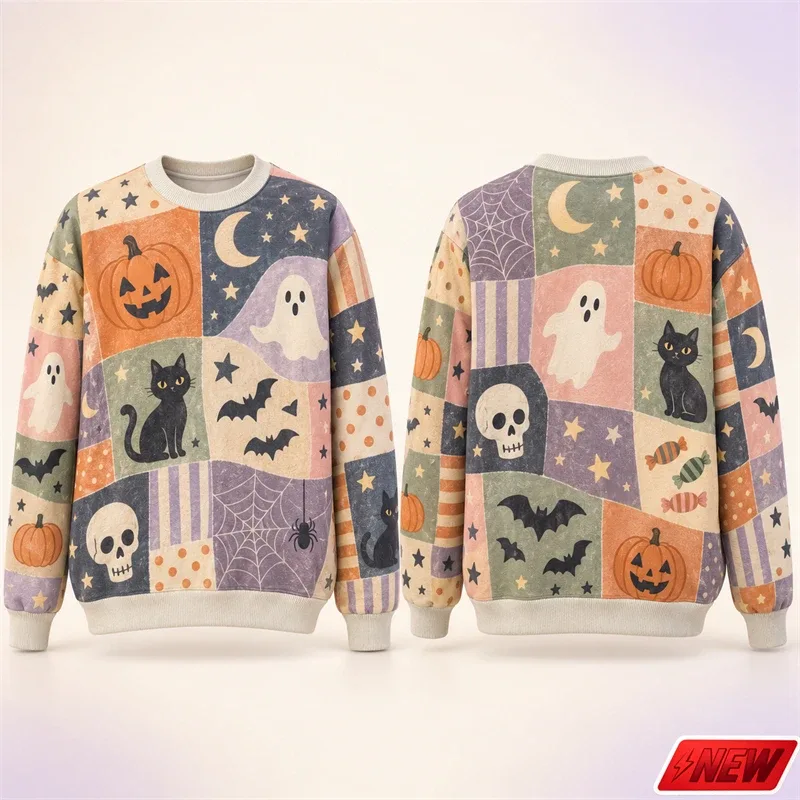Halloween Splicing Patterns Sweatshirt Men 3D Print Pumpkin Cat Long Sleeve Pullover Hoodie Quick Dry Holiday Costume Top Unisex