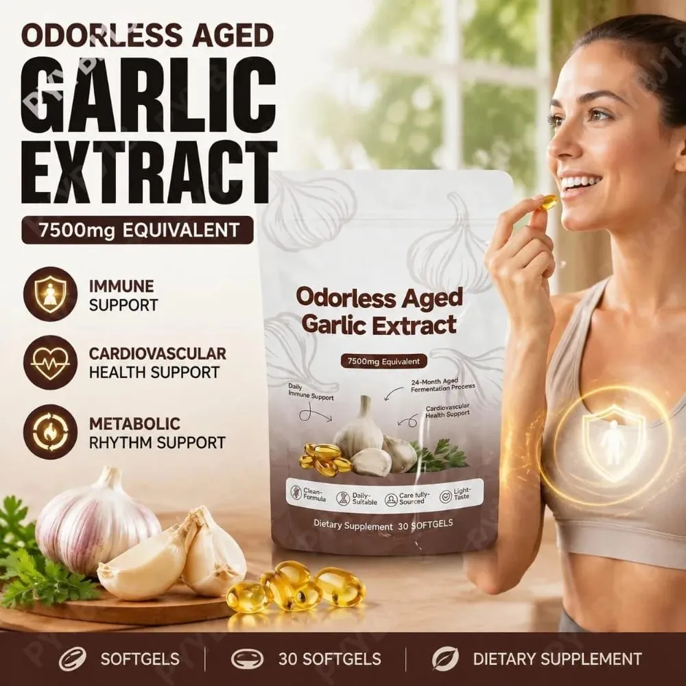 Odorless Aged Garlic Extract Softgels 7500mg 24-Month Fermented herbal Botanical Formula Cardiovascular Immune Support 30 Count — image 1